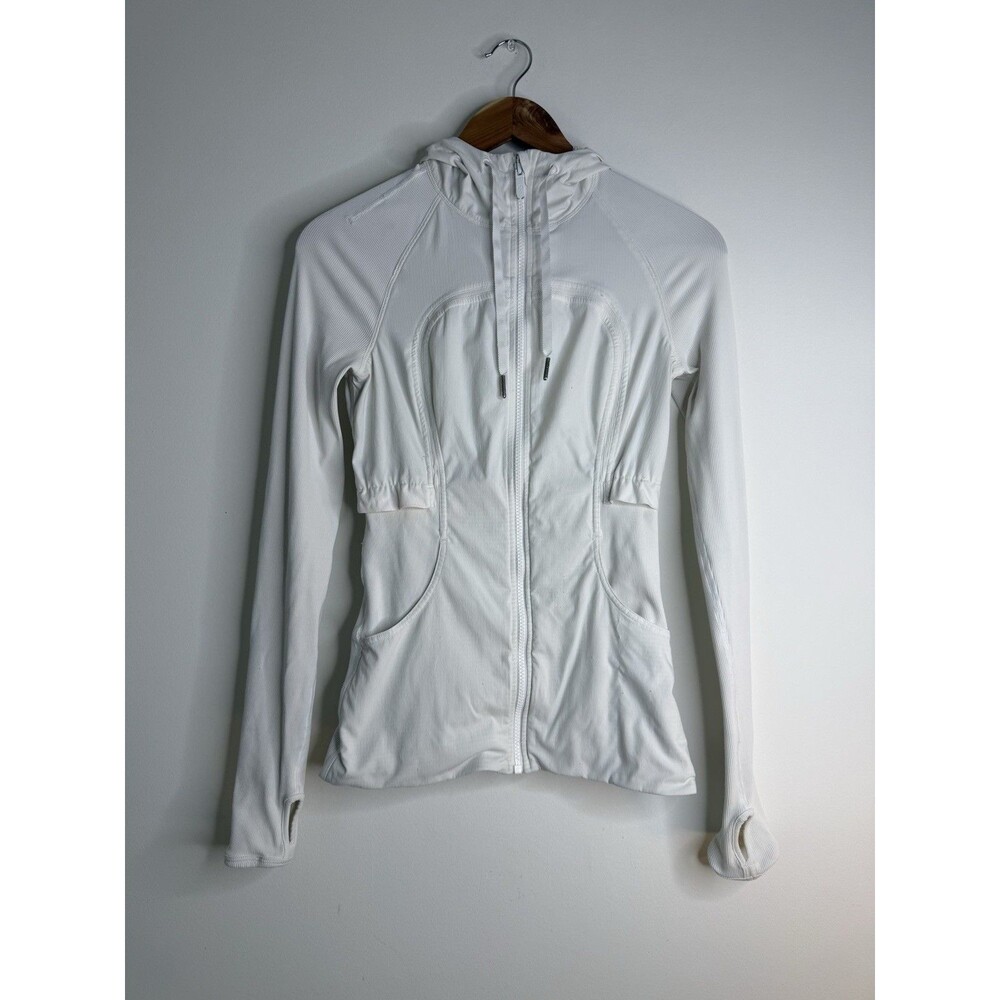 Lululemon White Zip Hoodie Jacket Thumb Hole Size 2 Yoga Running Athletic